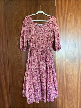 Grace Holiday Pink Floral Midi Dress with Tie Waist